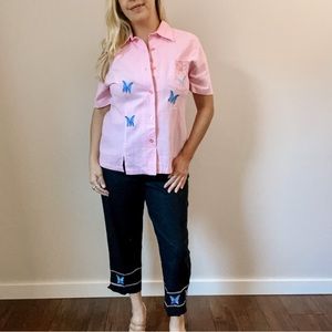 Vintage Pantsuit High Rise Butterfly & Flower Embroidered Linen Blend Set